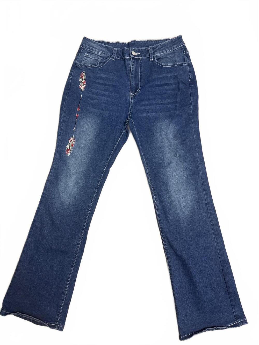 Boho Embroidered Feather Bootcut Jeans Medium Blue Wash Stretch Denim Size L